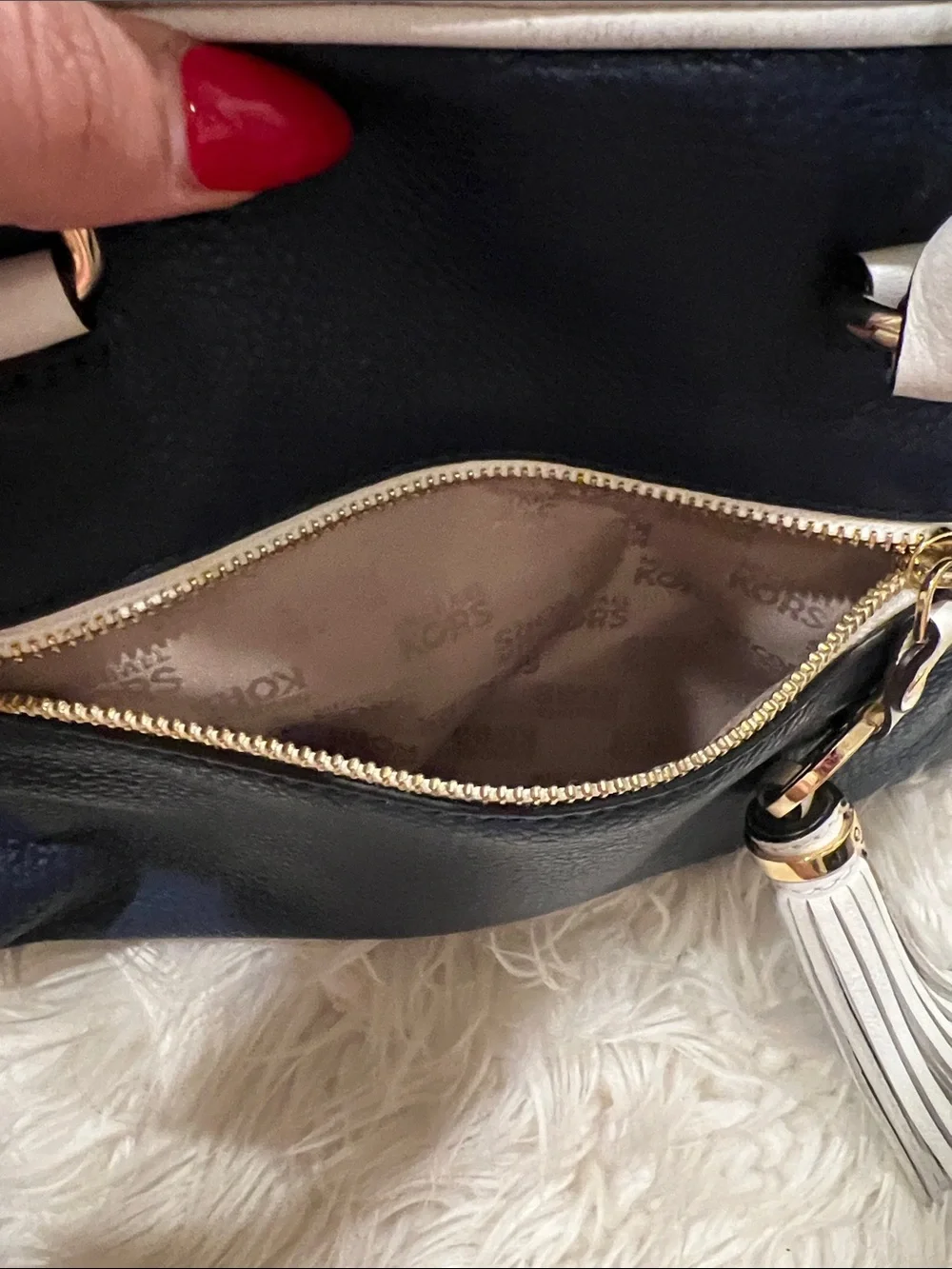 Michael Kors Navy and White Dome Satchel with Tassel Charm